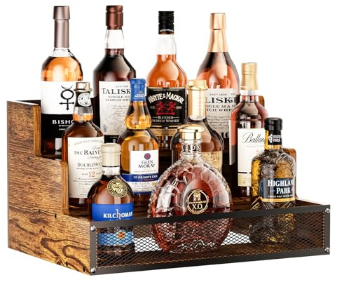 3 Step Countertop Liquor Bottle Display Shelf, Wood Bar Shelves 12 Bottles with Fences, Freestanding Storage Shelves for Liquor Whiskey Wine Coffee Syrup Display, Retro Wine Rack Home (Patent Pending)