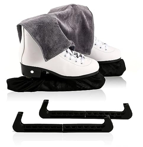 Eishockey Kufenschoner Schlittschuhe Geschenkset,Schlittschuhschoner,1 Paar Elastische Kufenstrümpfe+1 Paar Verstellbar Schutz Kunststoff+1 Stück Handtuch, Kufenschutz Zubehör für Herren Damen Kinder