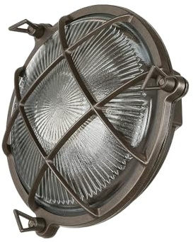 Lámpara de pared exterior de latón y cristal en negro antiguo IP64 para jardín y balcón, 21 cm de ancho, E27, estilo rústico marítimo, con rejilla, SERIFOS