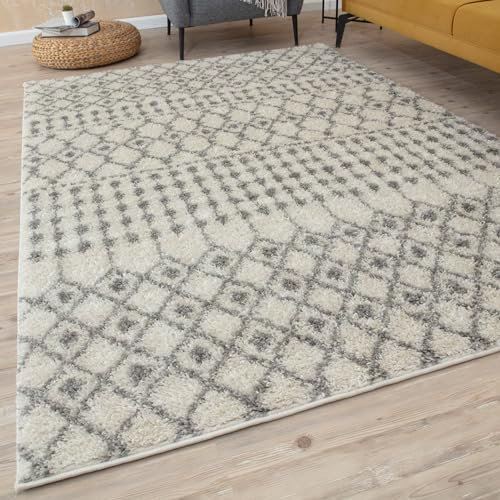 THE RUGS Modern Moroccan Design Living Room and Bedroom Rugs, Non-Shedding & Easy Care (Moroccan Ivory/Grey, 60x110 cm)