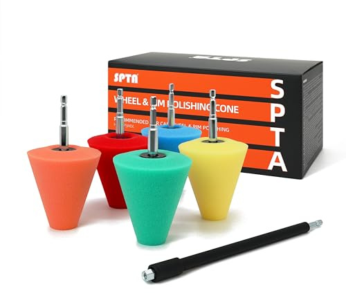 Polishing Cone, SPTA Car Wheel Hub Drill Buffing Sponge Pads Kit, Polishing Ball, 5 Pack Car Buffers and Polishers Kit, Attaches to Standard Household Drill