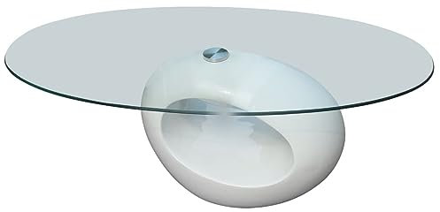 Gecheer Couchtisch Glastisch Beistelltisch Ovale Glasplatte Wohnzimmertisch mit 8 mm Sicherheitsglas 115 x 65 x 40 cm Hochglanz Weiß