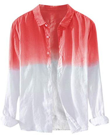 MMOOVV Chemise d'été pour homme en coton et lin, légère et respirante avec dégradé de couleur batik, manches longues, rouge, L
