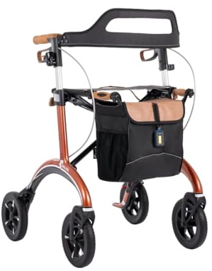 Saljol Carbon Rollator in Vollausstattung, 5,6 kg Leichtgewichtrollator mit Sitz, Rückengurt, Tasche, Stockhalter, Klingel und LED-Licht | faltbare Outdoor-Gehhilfe, Sitzhöhe 62 cm, Kupfer