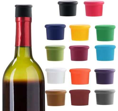 14 Pezzi Tappo per Bottiglia di Vino in Silicone, Universali Tappi per Bottiglia di Vino, Senza BPA, Colorati Tappo per Birra Succhi Bevande Gassate Champagne (14 colori)