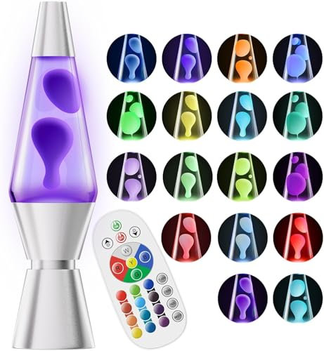 Soarling Nachttischlampe mit 17 Farbwechseln, 14,5“ Lavalampe mit Fernbedienung, Retro Lampe für Kinder und Erwachsene, Deko Stimmungsbeleuchtung für Weihnachten, Geburtstag, Party, Silber