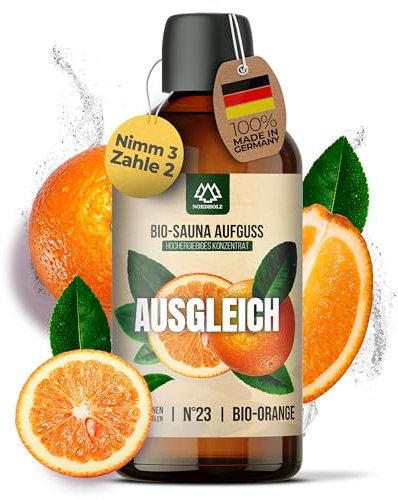 NORDHOLZ® Saunaaufguss BIO [NATURREINE ÄTHERISCHE BIO-ÖLE] Sauna Aufgussmittel #23 Ausgleich 100ml Orange - Sauna Aufguss aus Franken - Saunaduft