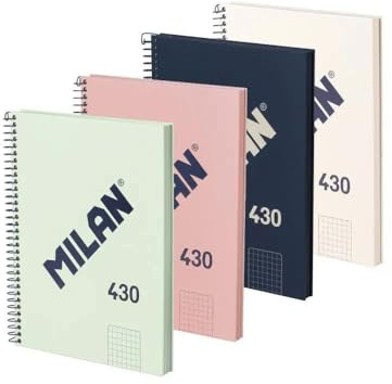 MILAN® Pack 4 cuadernos A5 con tapa dura, papel cuadriculado (5 x 5 mm), 80 hojas de 95 gr/m², colección goma MILAN 430