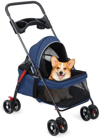 Poussette à 4 roues pour chien et chat, sac de transport léger et pliable avec maille respirante et porte-gobelet, poussette portable pour petits animaux de compagnie, bleu