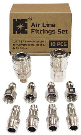 Cosmostar 10-Piece Industrial Air Line Fittings Set – 1/4 BSP Euro Connectors for Compressors, Hoses, and Air Tools – Nickel-Plated Steel Couplers and Plugs