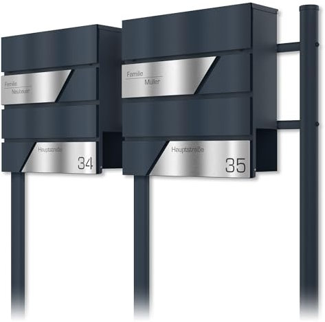 Graviers Design Boîte aux Lettres Double avec Support de boîte aux Lettres Anthracite RAL 7016 - personnalisé en Acier Inoxydable Gravure Laser nom numéro de Maison nom de Rue - Serrure Design 1