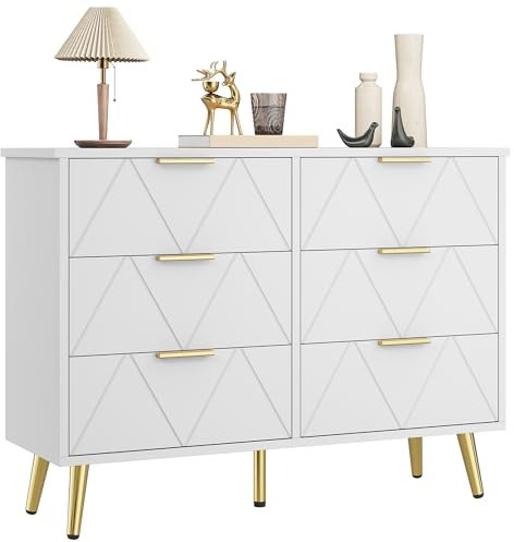YITAHOME Kommode Schlafzimmer, Zeitgenössische 6 Schubladen, Schlafzimmermöbel, Breite Kommode Holz, Schlafzimmer Aufbewahrungseinheit, Schiebeschubladen, Büro Lounge Möbel Aufbewahrungsschrank, Weiß
