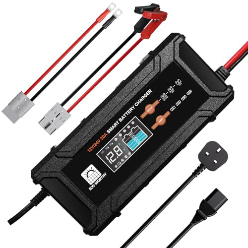 ECO-WORTHY 12V/24V 20A Smart LiFePO4 Battery Charger with UK Plug,Support Lithium,AGM,SLA Battery Charging with Activation and Trickle Maintenance for LiFePO4 Batterie