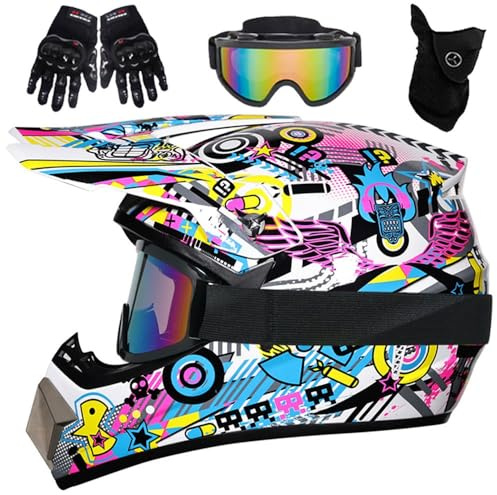 HNGKGJBL Youth Dirt Bike Helmet with Goggles Gloves Mask for 5-14 Years Old, Kid ATV Helmet for Youth Boys Girls, ATV BMX Downhill Mountain Bike Quad Bike, DOT Approved(Q1,L(56-57cm))