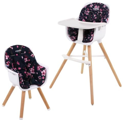 Seggiolone evolutivo 2 in 1, da 6 mesi fino a 5 anni, cuscino reversibile, vassoio regolabile, poggiapiedi, seggiolino e poltrona per bambini, design moderno in legno