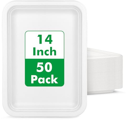 Uniecocus 14 Inch Disposable Food Trays, 50 Pack White Compostable Platters