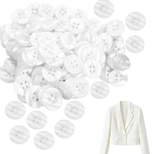 100PCS 15mm White Buttons 4 Holes Resin Buttons Round Flat Clear Pearlescent Shirt Button for Sewing Small Button for Cardigans Coat Craft Blazer Knitting Jacket Trousers Clothes