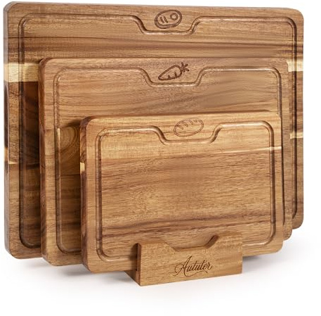 Schneidebrett Set 3-teilig aus Akazienholz mit Halter – Holz Schneidebretter Küche, 2 cm dick, tiefe Saftrille & Griffmulde – Schneidebrett für Fleisch Gemüse Brot – 40×30, 33×24, 26×18 cm