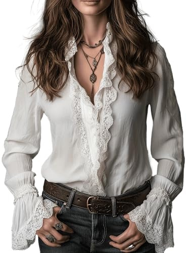 Pinclodly Lace Tops for Women Retro Button Up Bell Sleeve Ruffle Blouse Elegant Stand Collar Loose Fit Shirts 2026 Spring White