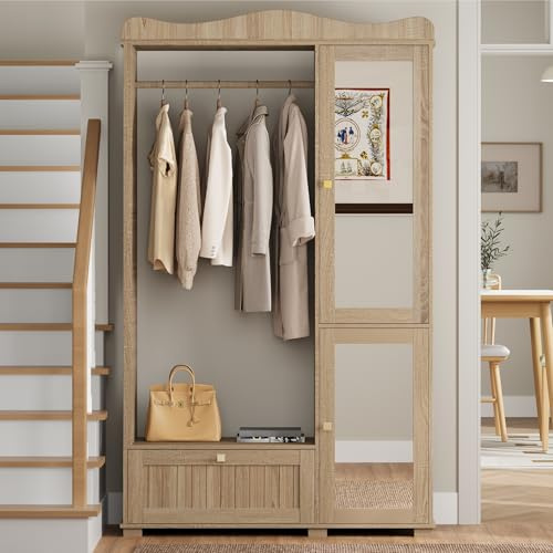 Soweiz Armadio guardaroba con specchio e appendiabiti aperto, guardaroba compatto, pratico con cassetto e 2 ante, 115,5 L x 38,5 L x 194,5 H (cm) (Oak)