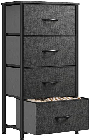 YITAHOME kommode Schmal, Schrank mit 4 Schubladen aus Stoff, Aufbewahrungskommode Industrial Stil für Schlafzimmer, Wohnzimmer,Flur, Schwarz Aufbewahrungsschrank