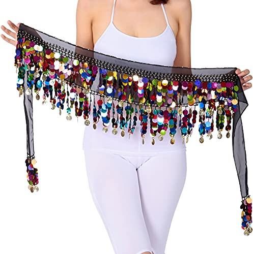 WEKIOOBON Belly Dance Hip Scarf, Sweet Belly Dance Skirt Wrap Performance Bling Sequins Coins, Belly Dancer Costumes for Women