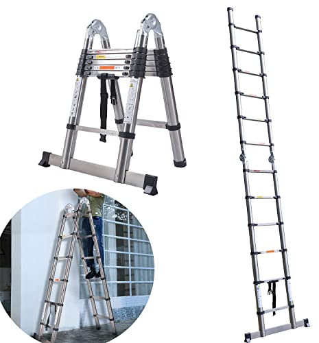 Escalera telescópica, extensible, capacidad máxima de 150 kg, portátil, escalera multifunción con estructura en A, escalera para el desván, 1,9 m + 1,9 m escalera para el desván para el hogar, oficina