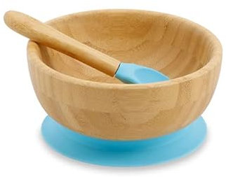 BIOZOYG Juego de bols de bambú redondo I Bol con ventosa y cuchara - Certificado FSC I bol madera de bambú para niños - Tazón de papilla y de cereales para bebés I Vajilla de bambú redonda azul