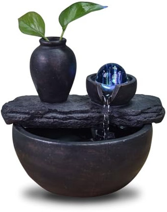 Natur inomhusfontän med solros blomma växt bordsfontän färgglad LED-ljus, autentisk heminredning, användbar presentidé för kvinnor och män, H 19 x 21 x 17 cm - Silica Zen'Light