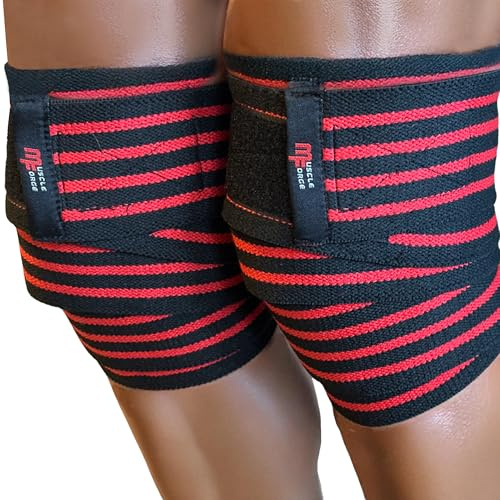 MuscleForge Knee Wraps Weight Lifting – 2er Set Kniebandage mit Klettverschluss für Powerlifting, Kniebeugen, Kreuzheben & Krafttraining – Elastische Sportbandage Knie Männer Frauen – 180×8 cm