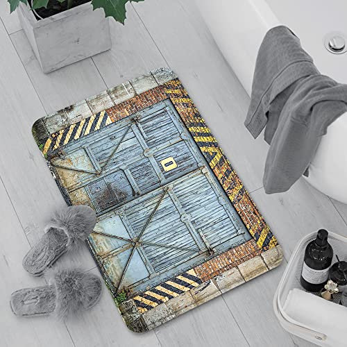 Badematte rutschfest, Badteppich für Badezimmer,Industrial Set, altes altes Fabrik-Holztor mit Warnschildern Industrial Change für mode,Waschbar Badezimmerteppich für Wohnzimmer Schlafzimmer 60x100 cm