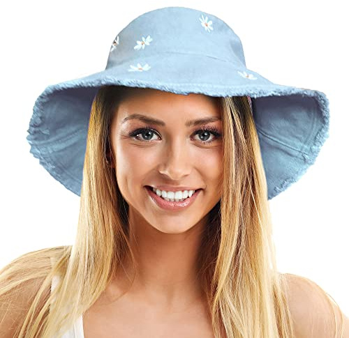 TOSKATOK Ladies Womens UPF 50+ Soft Washed Cotton Bucket Sun hat with Embroidered Daisy Motifs, Shapeable Brim and Frayed Edge-1 Blue
