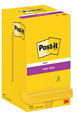 Post-it Super Sticky Notes, 1080 Sheets, Value Pack of 12 Pads, 76 mm x 76 mm - Holds Strong to Many Surfaces - Yellow - for Walls, Monitors and Fridge, Recycable
