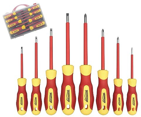 HOUSERAN Jeu de 8 tournevis isolés avec étui - Tournevis cruciformes et plats - 1000 V - Embouts magnétiques - Tournevis - Idéal pour électriciens et terminaisons de travaux