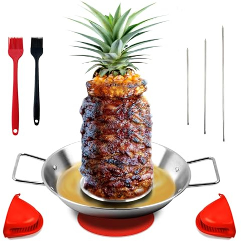 Fengzhe Al Pastor Skewer for Grill：Stainless Steel Vertical Stand, Brazilian Spit Stand with removable 3 Spikes, 2 Brushes, Anti-scalding Fittings, Fat Separator Tray, for Tacos Al Pastor, BBQ