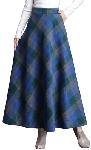 Womens Vintage Plaid A-line Long Maxi Skirt Fall Winter Swing Pleated Flared High Elastic Waisted Casual Flowy Skirt with Pockets(UK 18/Tag 3XL,Blue)