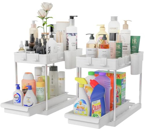 BAKAJI Juego de 2 organizadores para debajo del fregadero para baño y cocina con cajón deslizante, estante deslizante que ahorra espacio y 2 estantes, estantería bajo fregadero, estante extraíble