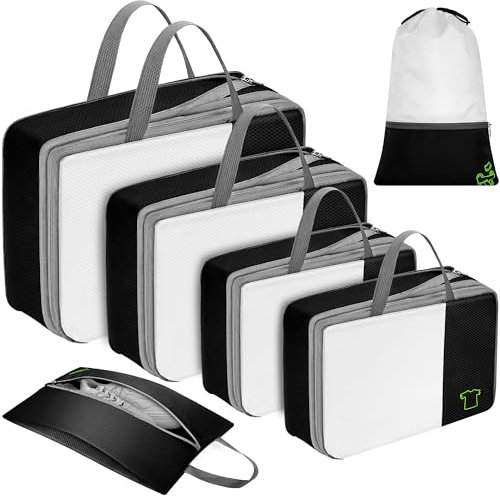 Witnewrage Packtaschen Kompression Koffer Organizer Set, 6-Teiliges kleidertaschen für koffer, Travel Packing Cube Packwürfel Set mit Kompression für Kleidung Schuhe Unterwäsche - Weiß