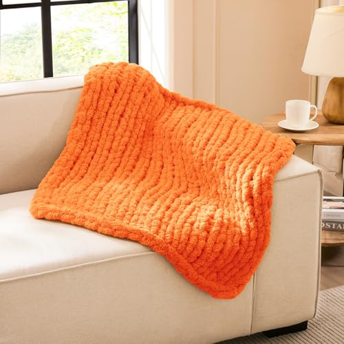 L'AGRATY Chunky Knit Blanket Throw: 30''x40'' Chenille Thick Knitted Throw for Bed & Couch - Handmade Large Crochet Rope Blanket - Orange