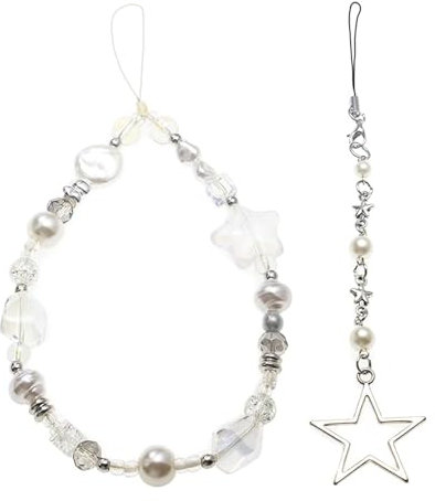 Yamobi 2 Stück Universal Handykette Y2K Style Phone Charm für Taschen, Schlüsselanhänger und Weiße Stern und Perlen Handyanhänger, Handyanhänger Zubehör