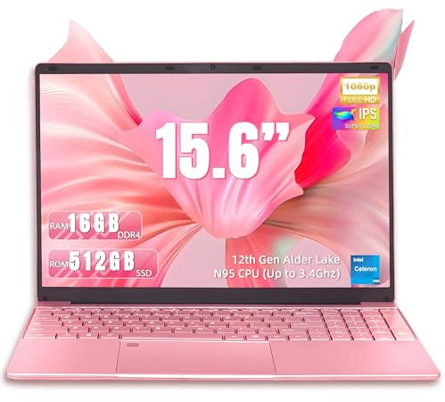 15,6 Rosa Laptop, 12.Gen N95 (bis zu 3,4 GHz),16 GB DDR4 RAM, 512 GB NVME SSD,Win 11Pro & Office 365,Tragbares Notebook mit hintergrundbeleuchteter Tastatur,Dual-Band WiFi (16+512G)