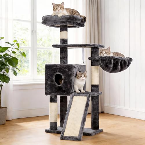 Hey-brother Kratzbaum, 108cm Indoor Katzenbaum, mehrstöckiger Katzenkratzbaum für Kätzchen, mit Kratzsäulen, Rampe, Körbchen, geräumigem Katzenloch und hängendem Pompon-Spielzeug, Rauchgrau MPJ007SG