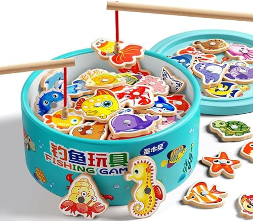 Moxiewell Juego de Pesca para Niños, 30 Pcs Juegos Magnéticos de Pesca de Madera y 2 Cañas de Pescar, Early Education Educativo Juguete Montessori para Niños 2 3 4 Años