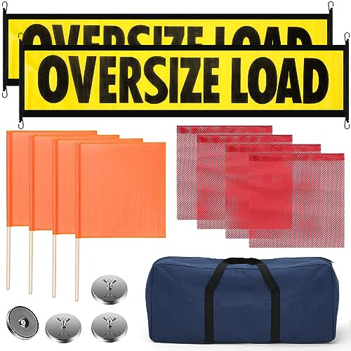 Newwiee 1 Set Safety Flag Kit Includes Oversized Load Banner Oversize Load Sign, Red and Orange Flag Warning, Bag and Magnet for Truck Cargo Pedestrian Crossings Construction