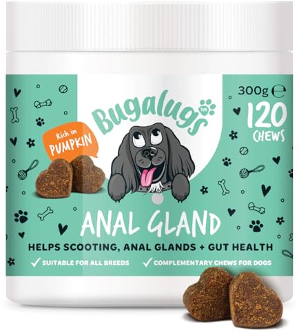 Bugalugs Anal Gland Dog Chews with Pumpkin Powder For Dogs & Probiotics for dogs. Grain free dog treats rich in Quercetin, Bromelain & dog Fibre helps Anal Glands, Scooting + Gut Health -120 chews