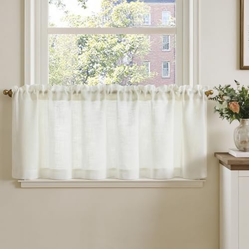 TOPICK Bistrogardin för vardagsrum, set om 1, H 40 x 140 cm, fönstergardiner, linneutseende, kök, små fönster, ljusgenomsläppliga, köksgardiner, korta gardiner, modernt lantställe, dragsko, craem, vit
