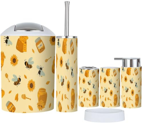 Bathroom Accessories Set 6 Pcs Bright Bee Butterfly Sunflower Honey Toothbrush Holder Cup Soap Dispenser Soap Dish Toilet Brush Holder Trash Can for Countertop Decor