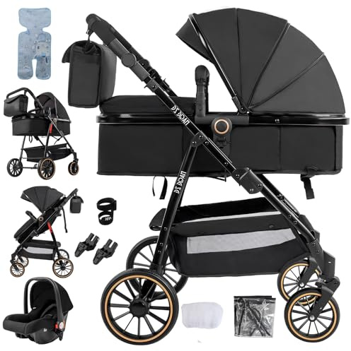 Doraystar 3 in 1 Baby Stroller Travel System, Pushchair 3 in 1 Set, Toddler Pram with Reversible Two Pushing Modes, Newborn Buggy Aluminum Frame, Infant Carriage One-Click Folding (V8 Black)