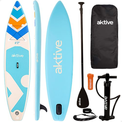 AKTIVE Tabla paddle surf hinchable, Adulto, 340x81x15 cm, Soporta 200 kg, Hinchador con manómetro, Remo ajustable, Kit reparación, Mochila transporte, Accesorios playa (54371)