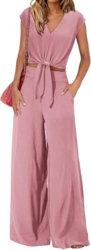 2-delat set för kvinnor med halsringad baskerärm (A18, XL) | Kvinnors sommar 2 st klänningar 2026 Cap V-ärm krage bälte crop top breda ben byxor casual träningsoverall set